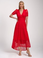 Jolie Moi Red Lace Ruched Sleeve Dip Hem Maxi Dress - Image 1 of 5