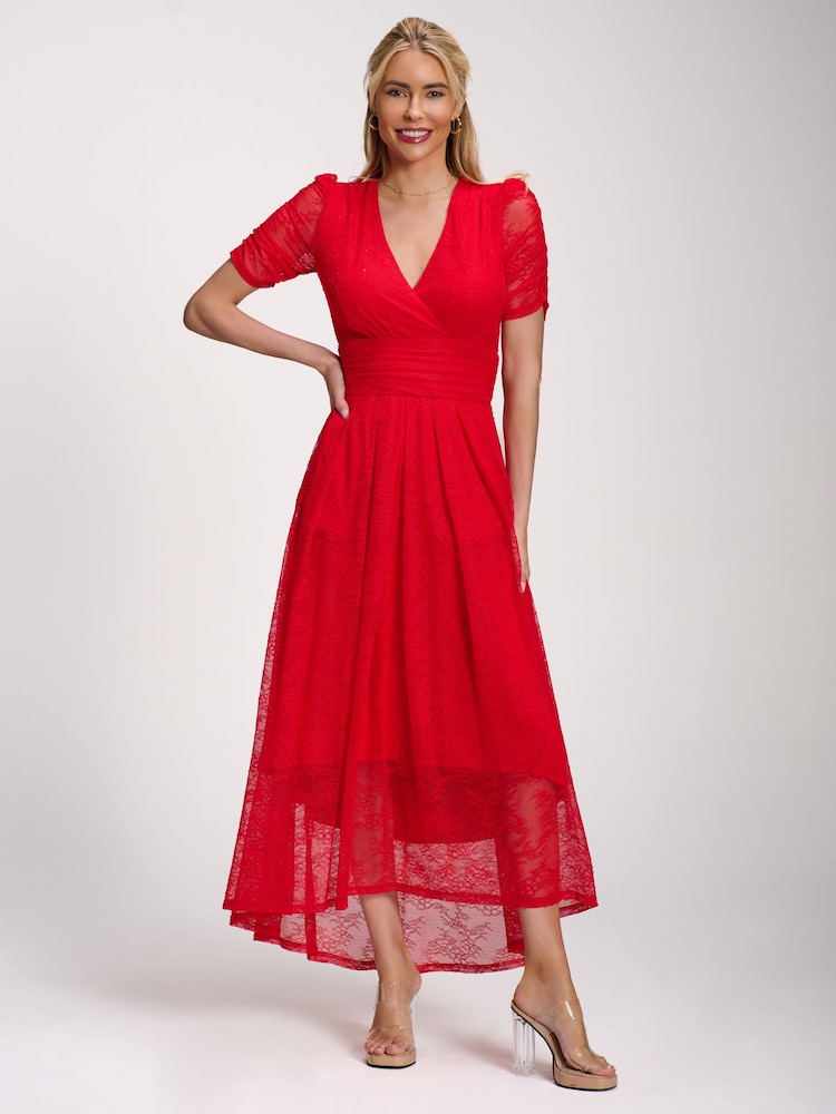 Jolie Moi Red Lace Ruched Sleeve Dip Hem Maxi Dress - Image 1 of 5