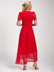 Jolie Moi Red Lace Ruched Sleeve Dip Hem Maxi Dress - Image 2 of 5