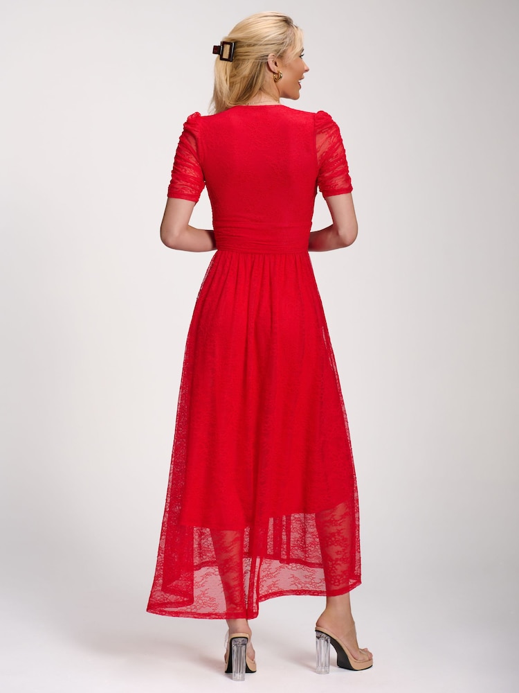 Jolie Moi Red Lace Ruched Sleeve Dip Hem Maxi Dress - Image 2 of 5