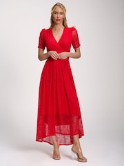 Jolie Moi Red Lace Ruched Sleeve Dip Hem Maxi Dress - Image 3 of 5