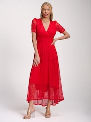 Jolie Moi Red Lace Ruched Sleeve Dip Hem Maxi Dress - Image 4 of 5