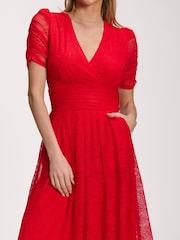 Jolie Moi Red Lace Ruched Sleeve Dip Hem Maxi Dress - Image 5 of 5