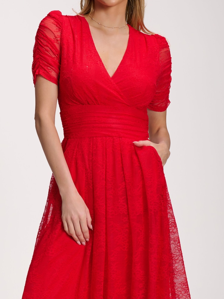 Jolie Moi Red Lace Ruched Sleeve Dip Hem Maxi Dress - Image 5 of 5