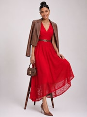 Pula - Jolie Moi Lace Ruched Sleeve Dip Hem Maxi Dress - Larawan 6 ng 6