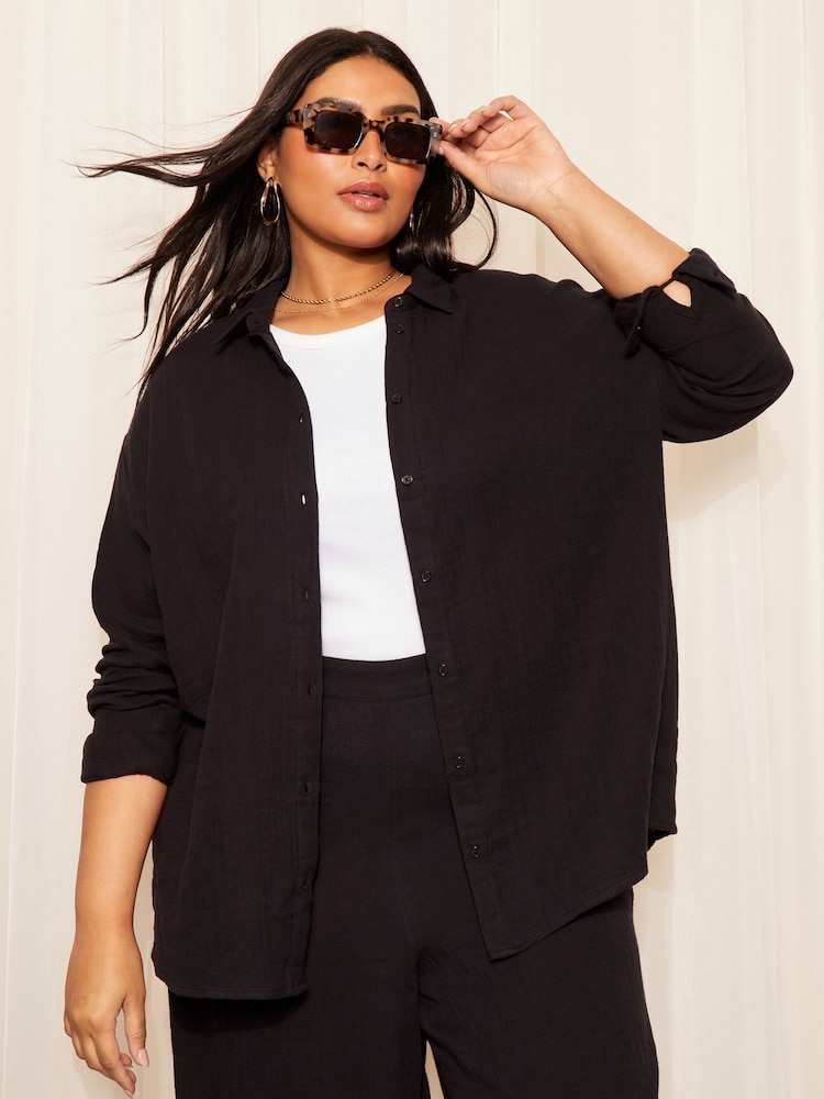 Curves Like These Black Linen Look Oversized Shirt - Image 1 of 4 Curves Like These Black Linen Look Oversized Shirt - Image 1 of 4