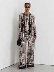 Reiss Navy/Gold Carmine Petite Scarf-Print Wide-Leg Trousers - Image 1 of 7