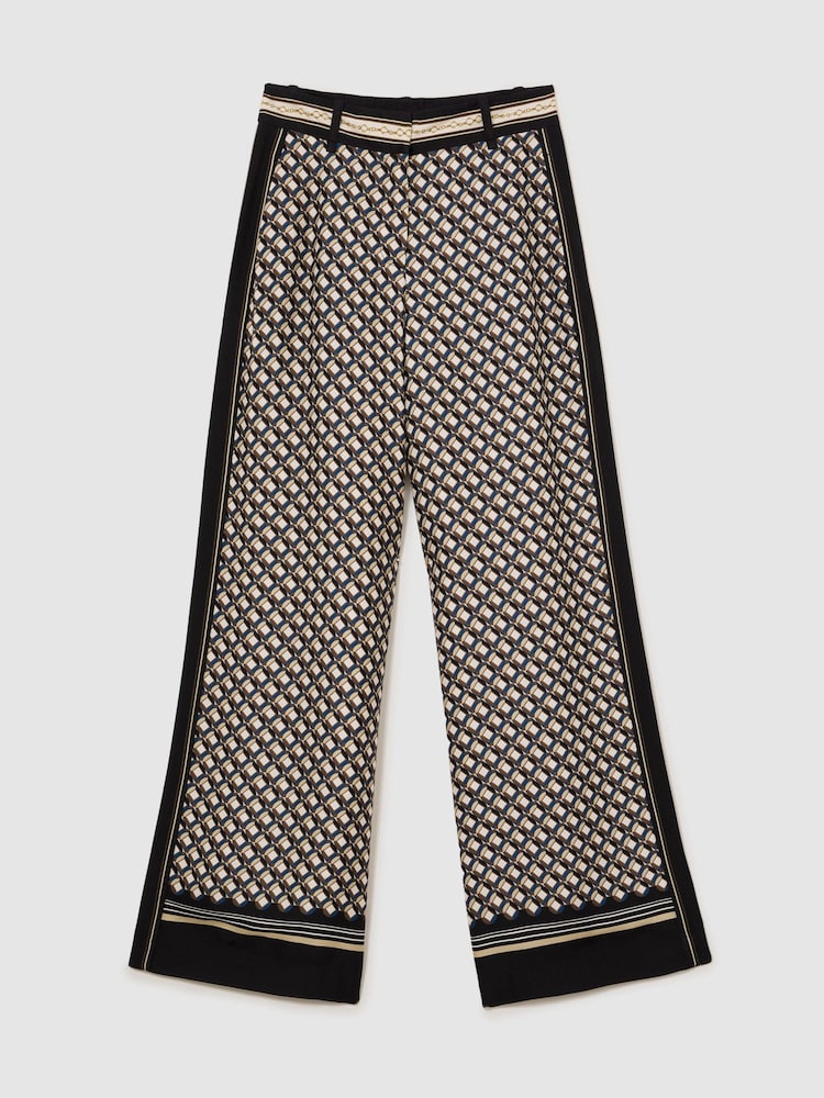 Reiss Navy/Gold Carmine Petite Scarf-Print Wide-Leg Trousers - Image 2 of 7