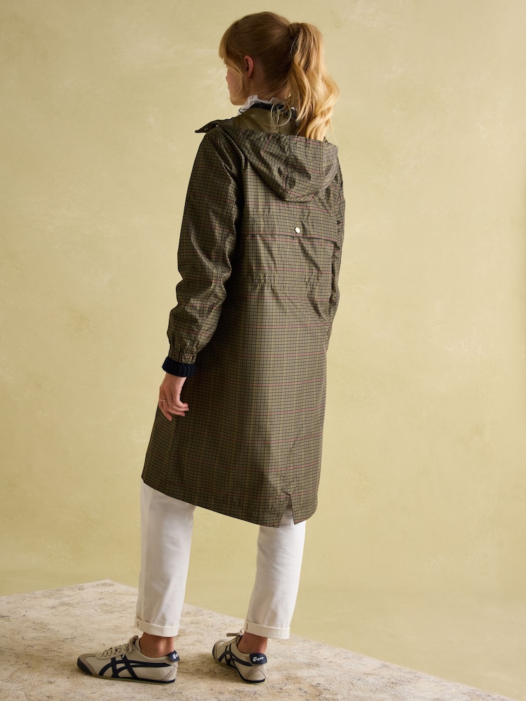 Joules Holkham Khaki Green Check Waterproof Packable Raincoat With Hood - Image 2 of 8