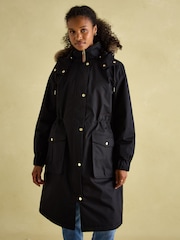 Joules Harpsden Cosy Black Waterproof Fleece Lined Raincoat with Faux Fur Hood - Image 1 of 10
