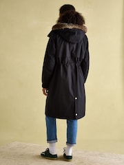 Joules Harpsden Cosy Black Waterproof Fleece Lined Raincoat with Faux Fur Hood - Image 2 of 10