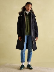 Joules Harpsden Cosy Black Waterproof Fleece Lined Raincoat with Faux Fur Hood - Image 3 of 10