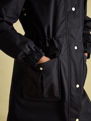 Joules Harpsden Cosy Black Waterproof Fleece Lined Raincoat with Faux Fur Hood - Image 4 of 10
