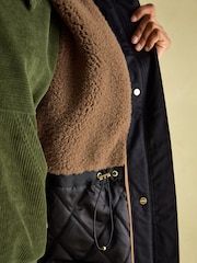 Joules Harpsden Cosy Black Waterproof Fleece Lined Raincoat with Faux Fur Hood - Image 5 of 10