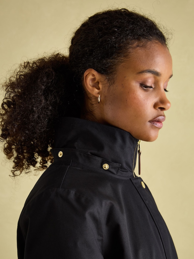 Joules Harpsden Cosy Black Waterproof Fleece Lined Raincoat with Faux Fur Hood - Image 6 of 10