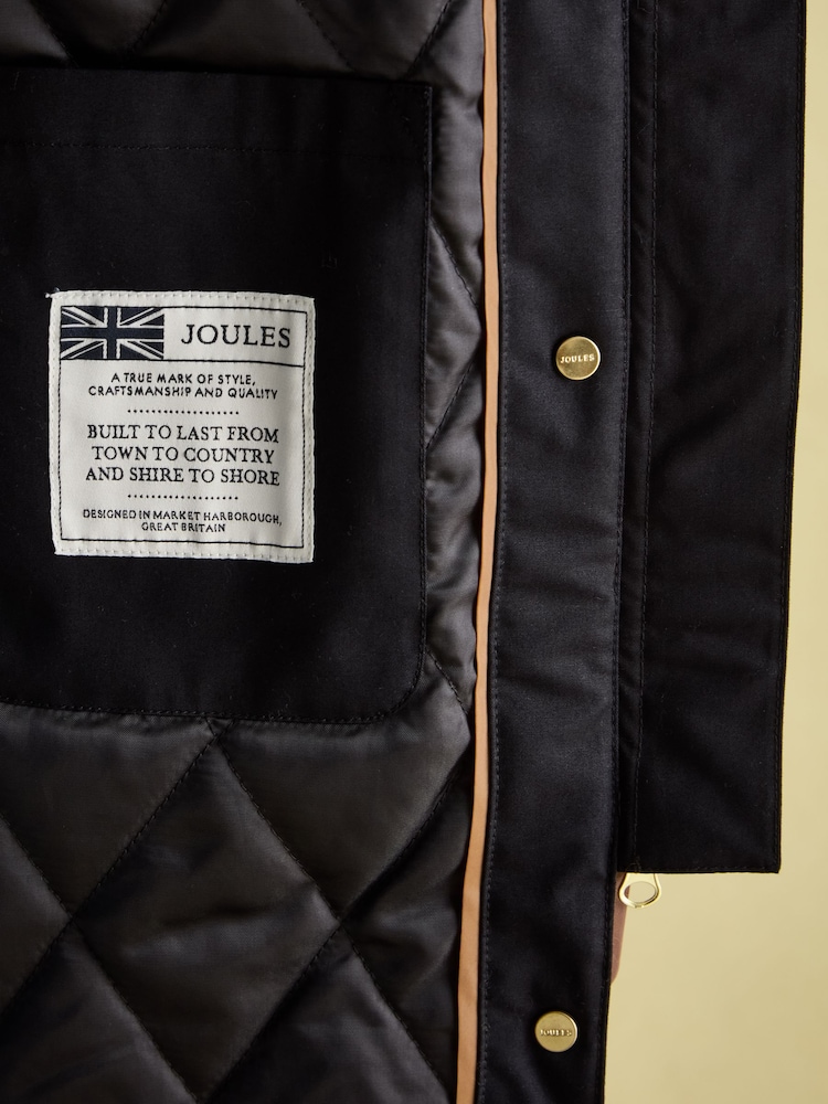 Joules Harpsden Cosy Black Waterproof Fleece Lined Raincoat with Faux Fur Hood - Image 7 of 10