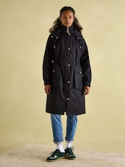 Joules Harpsden Cosy Black Waterproof Fleece Lined Raincoat with Faux Fur Hood - Image 8 of 10