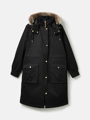 Joules Harpsden Cosy Black Waterproof Fleece Lined Raincoat with Faux Fur Hood - Image 9 of 10