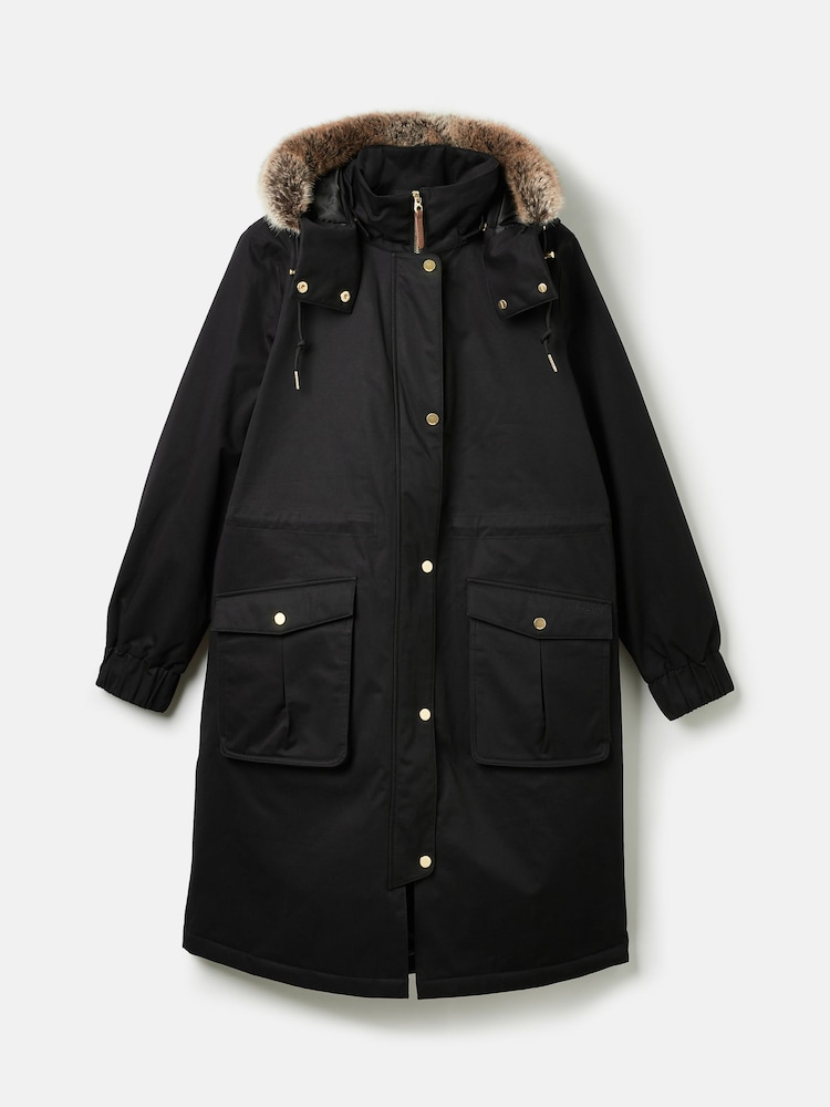 Joules Harpsden Cosy Black Waterproof Fleece Lined Raincoat with Faux Fur Hood - Image 9 of 10