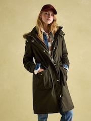 Joules Harpsden Cosy Khaki Green Waterproof Fleece Lined Raincoat with Faux Fur Hood - Image 1 of 10