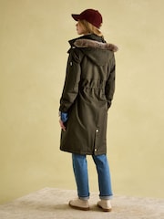 Joules Harpsden Cosy Khaki Green Waterproof Fleece Lined Raincoat with Faux Fur Hood - Image 2 of 10