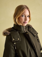 Joules Harpsden Cosy Khaki Green Waterproof Fleece Lined Raincoat with Faux Fur Hood - Image 3 of 10