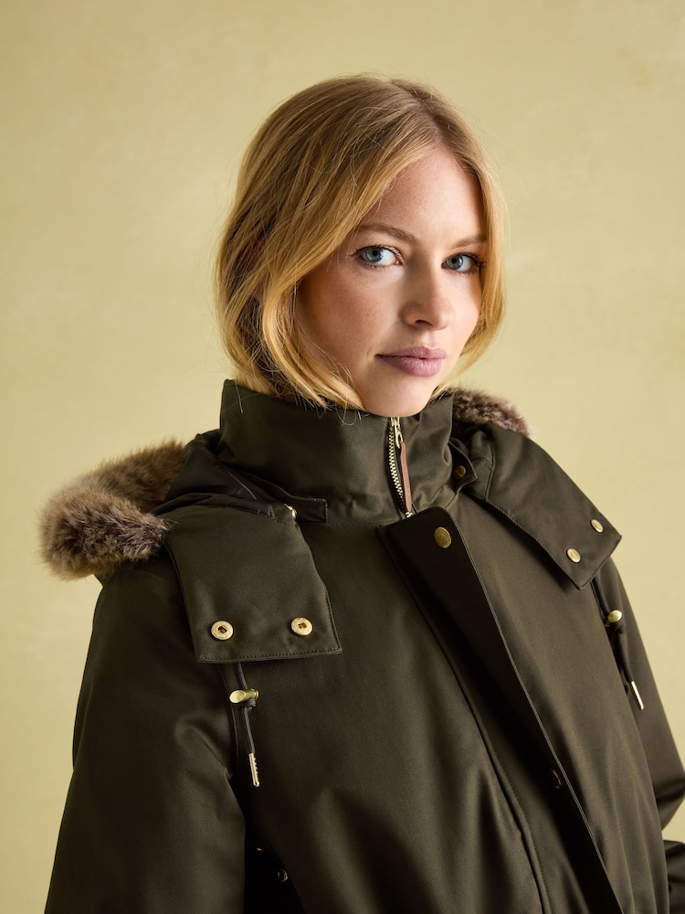 Joules Harpsden Cosy Khaki Green Waterproof Fleece Lined Raincoat with Faux Fur Hood - Image 3 of 10