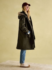 Joules Harpsden Cosy Khaki Green Waterproof Fleece Lined Raincoat with Faux Fur Hood - Image 6 of 10