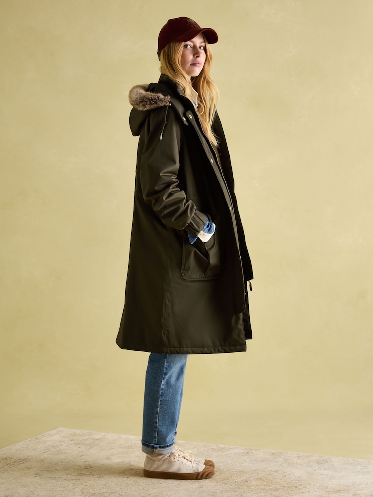 Joules Harpsden Cosy Khaki Green Waterproof Fleece Lined Raincoat with Faux Fur Hood - Image 6 of 10