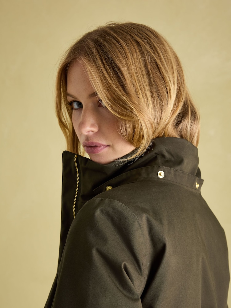 Joules Harpsden Cosy Khaki Green Waterproof Fleece Lined Raincoat with Faux Fur Hood - Image 7 of 10