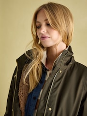 Joules Harpsden Cosy Khaki Green Waterproof Fleece Lined Raincoat with Faux Fur Hood - Image 8 of 10