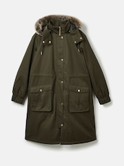 Joules Harpsden Cosy Khaki Green Waterproof Fleece Lined Raincoat with Faux Fur Hood - Image 9 of 10