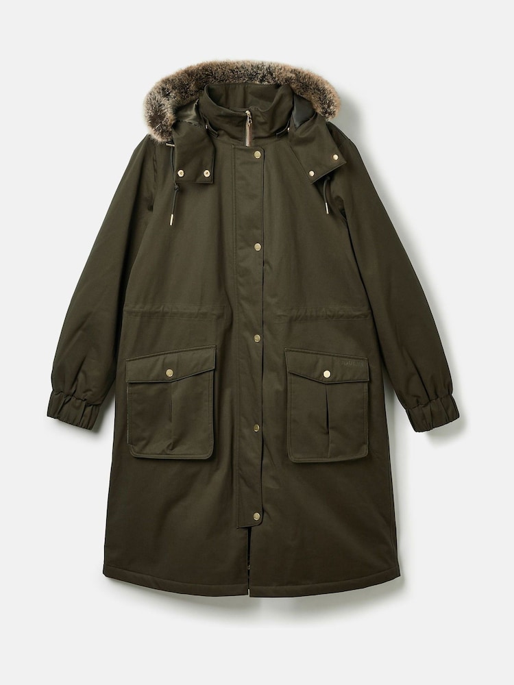 Joules Harpsden Cosy Khaki Green Waterproof Fleece Lined Raincoat with Faux Fur Hood - Image 9 of 10