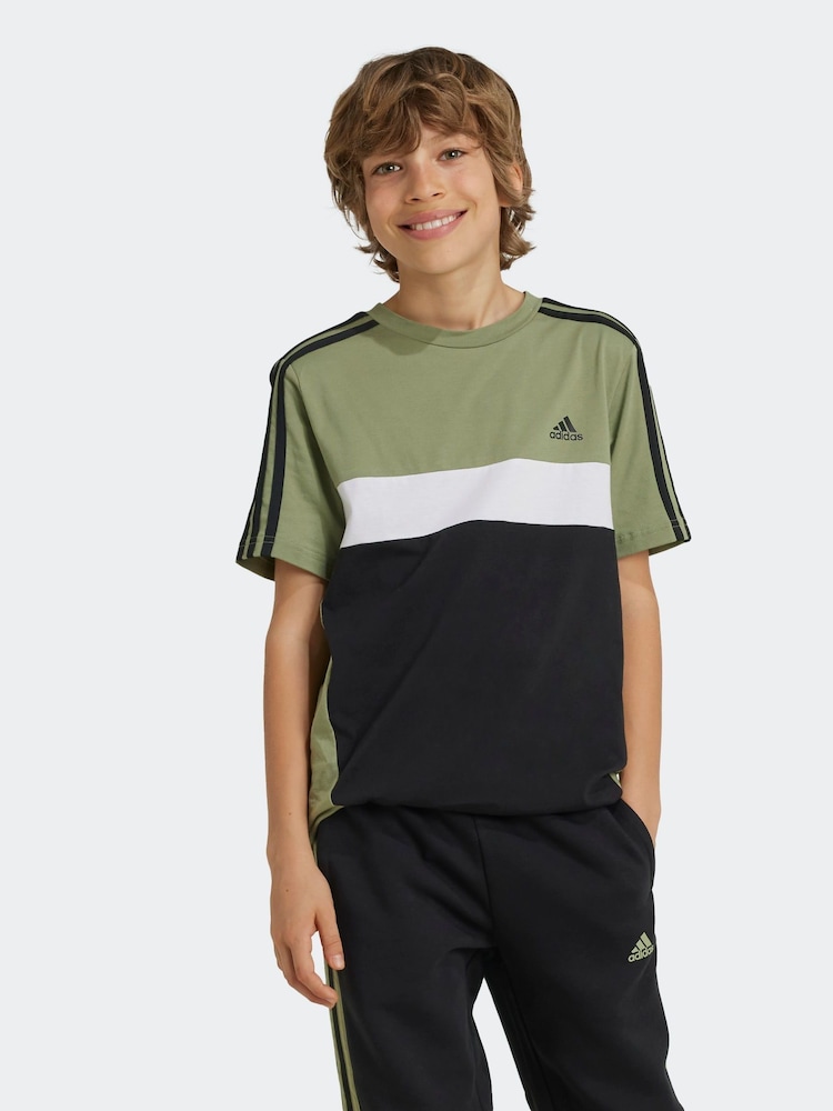 adidas Green Kids Sportswear Tiberio 3-Stripes Colourblock 100% Cotton T-Shirt - Image 1 of 8