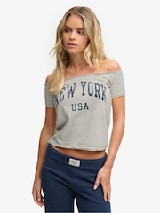 Superdry Grey Graphic Bardot Short Sleeve T-Shirt - Image 1 of 7