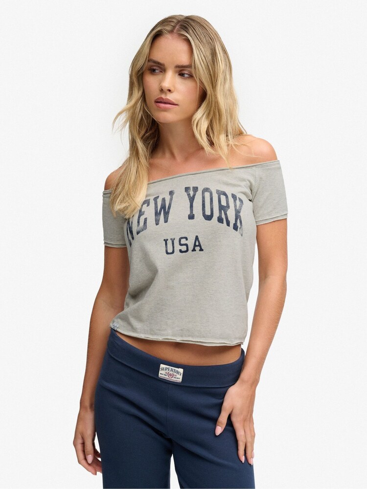 Superdry Grey Graphic Bardot Short Sleeve T-Shirt - Image 1 of 7