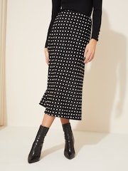 Curves Like These Black Polka Dot Satin Bias Midi Skirt - Image 1 of 4