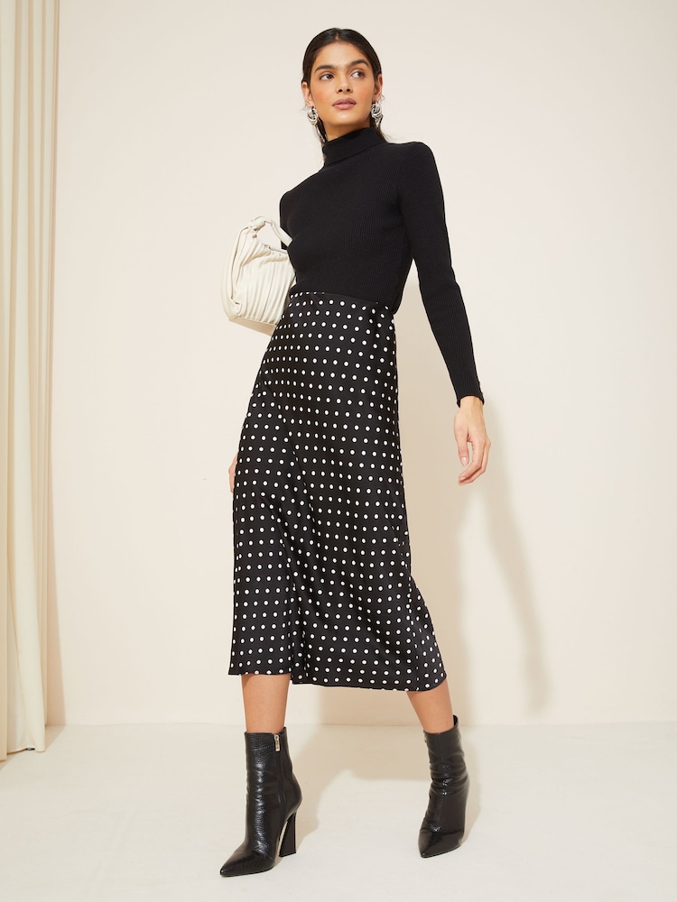 Curves Like These Black Polka Dot Satin Bias Midi Skirt - Image 2 of 4