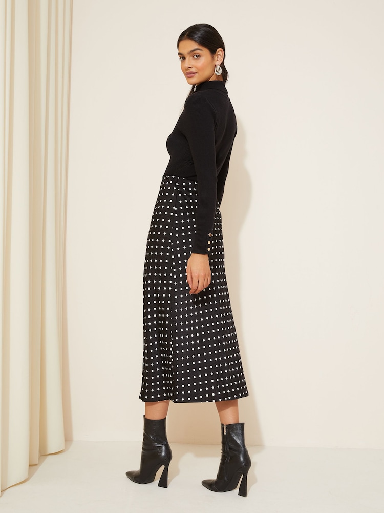 Curves Like These Black Polka Dot Satin Bias Midi Skirt - Image 4 of 4