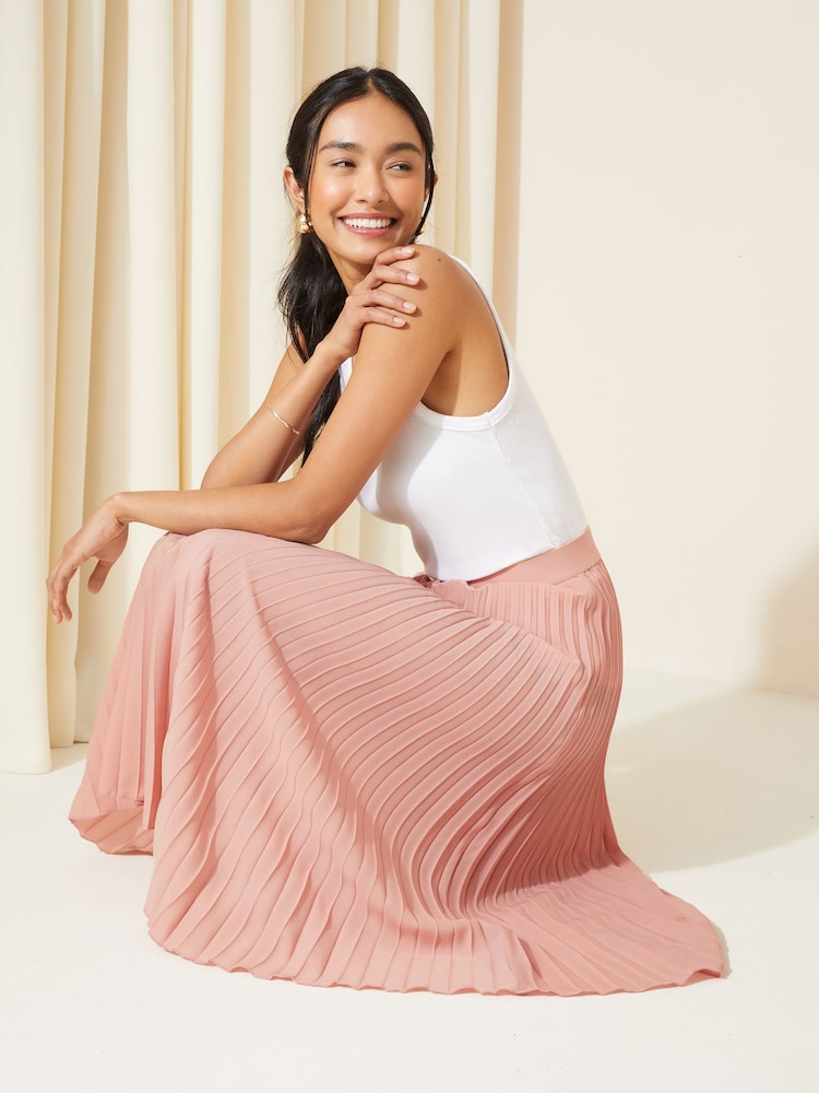 Friends Like These Blush Pink Pink Pleated Summer Midi Skirt - Image 2 of 3