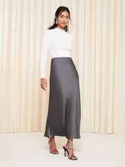 Friends Like These Grey Petite Satin Bias Cut Maxi Skirt - Image 1 of 4