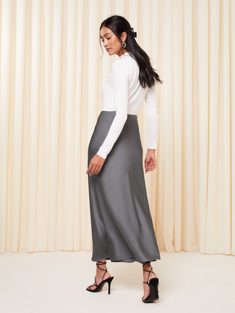 Friends Like These Grey Petite Satin Bias Cut Maxi Skirt - Image 2 of 4