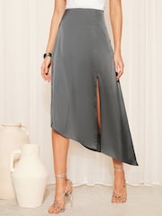 Friends Like These Grey Asymmetrical Satin Midi Skirt - Image 1 of 4