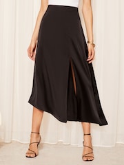 Friends Like These Black Asymmetrical Satin Midi Skirt - Image 1 of 4