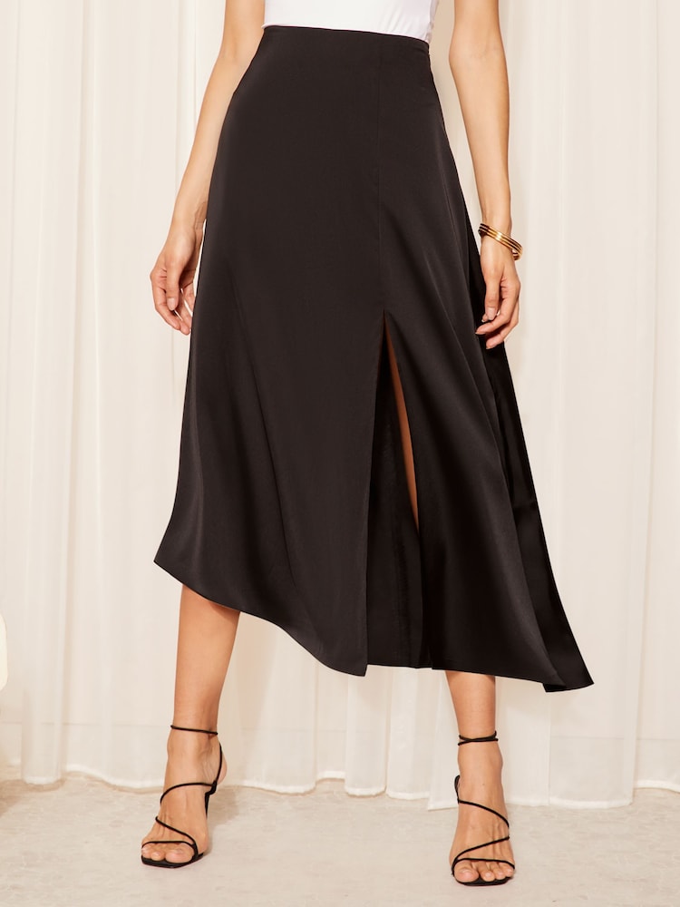 Friends Like These Black Asymmetrical Satin Midi Skirt - Image 1 of 4