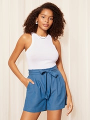 Friends Like These Chambray Blue Paperbag Tie Waist Short With Linen - Image 2 of 4