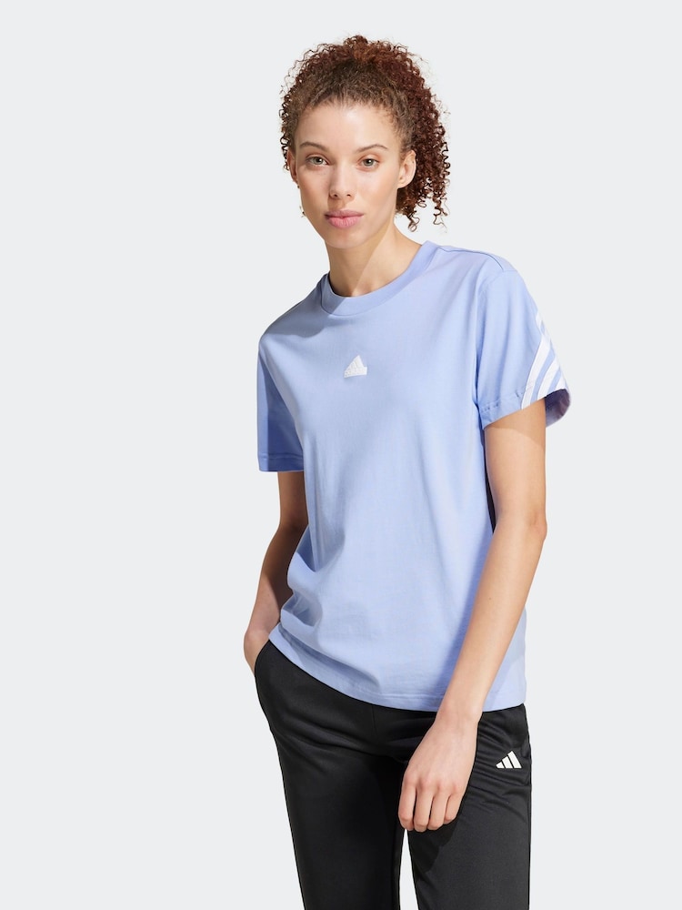 adidas Blue Future Icon 3 Stripe 100% Cotton T-Shirt - Image 1 of 7