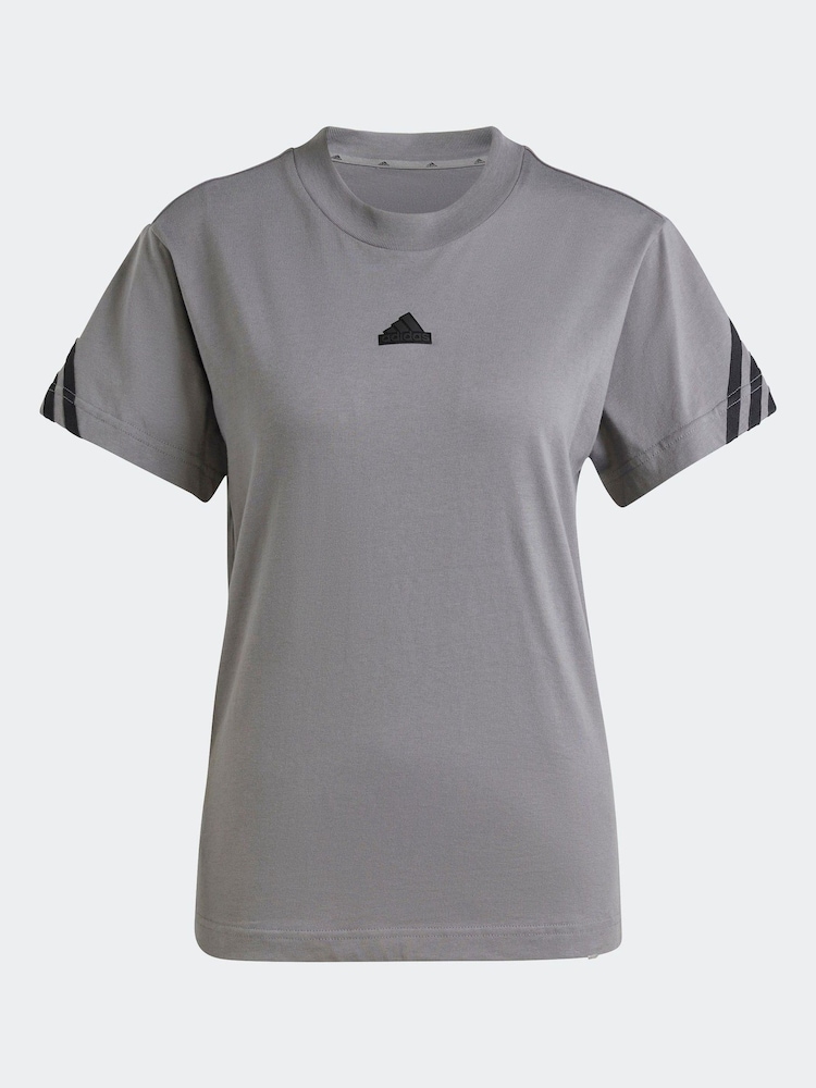 adidas Grey Future Icon 3 Stripe 100% Cotton T-Shirt - Image 7 of 7