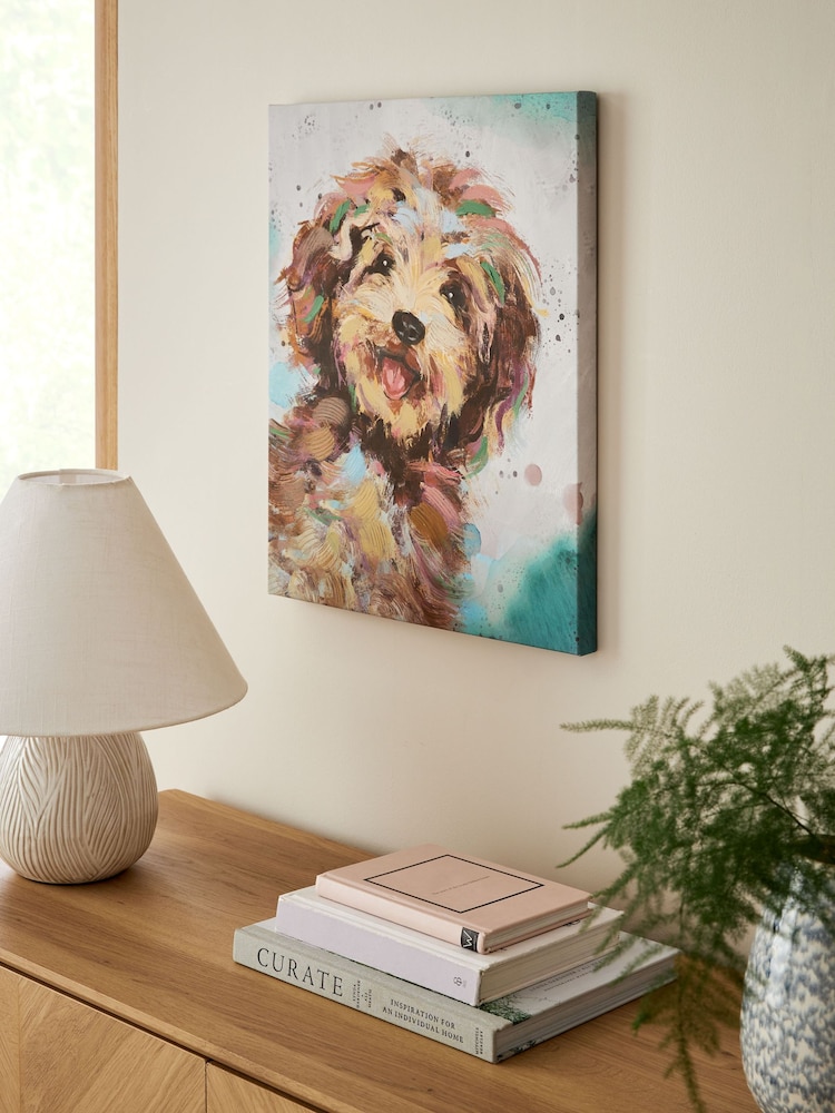 Teal Blue Small Charlie Cockapoo Dog Canvas Wall Art - Image 2 of 5