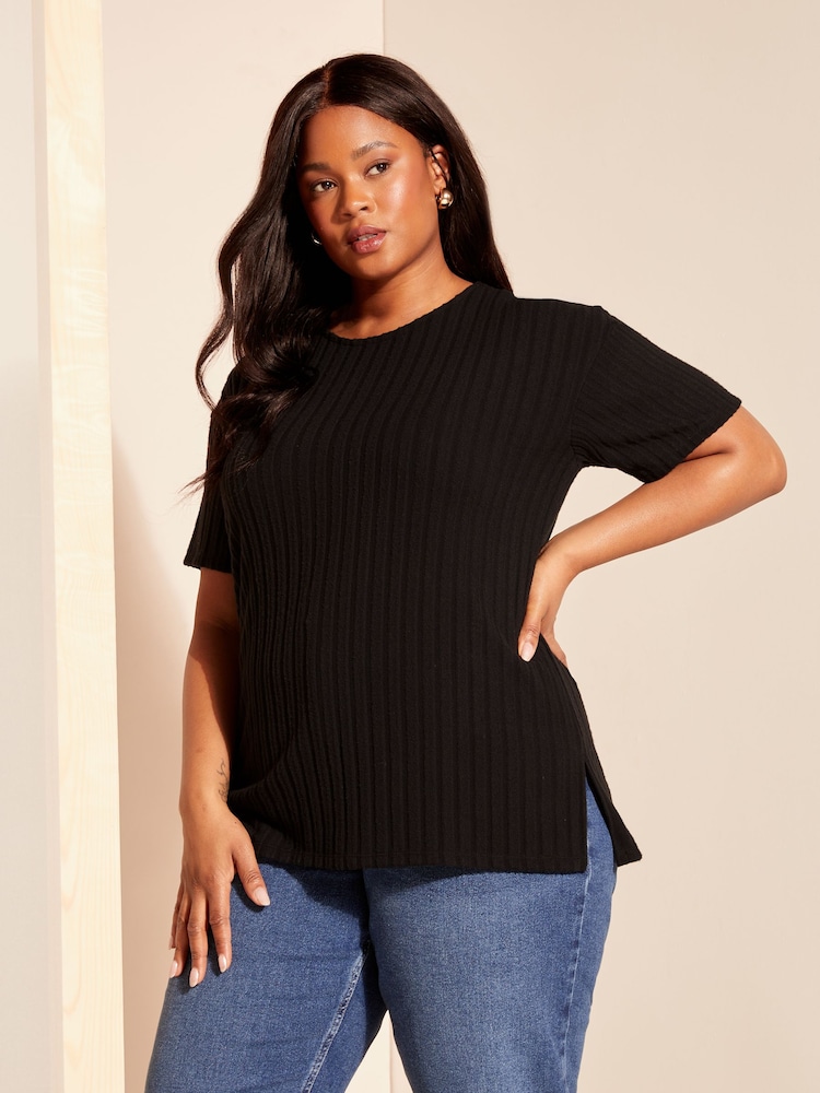 Curves Like These Black Ribbed Side Split Tunic - Image 1 of 4
